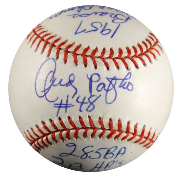 1957 And Pafko Milwaukee Brewers Single Signed Baseball with "1957 Braves World Champs #48 285 BA. 213 HRs 976 RBIs" (JSA)