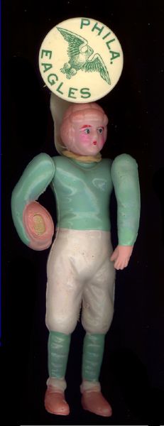 1940s Philadelphia Eagles Celluloid Doll & 1 1/4 inch Pinback