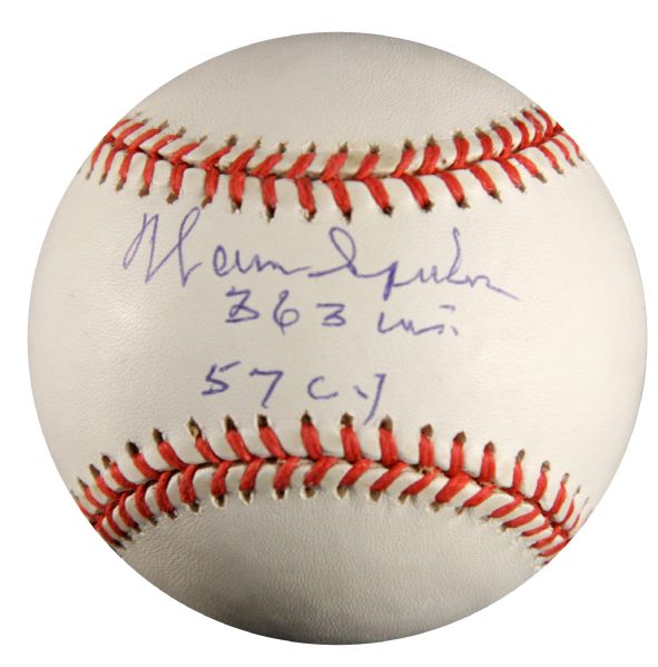 1957 Warren Spahn Milwaukee Braves Single Signed Baseball with "363 wins 57 CY" (JSA)