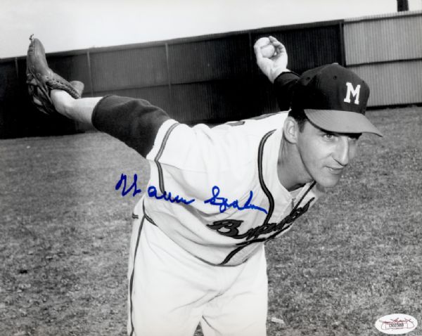 1953-64 Milwaukee Braves Warren Spahn Autographed 8x10 B/W Photo JSA (d. 2003)