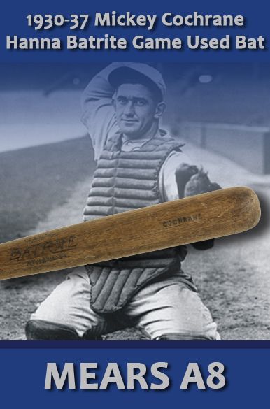 1930-37 Mickey Cochrane (Hickory) Hanna Batrite Professional Model Game Used Bat - (Last name only on barrel) Philadelphia Athletics Detroit Tigers - Second Highest Graded Example  (MEARS A8)