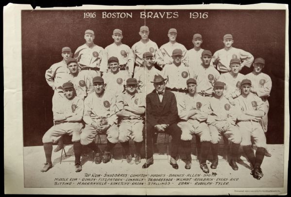 1916 Boston Braves "The Sporting News Collection Archives" Type A Original First Generation 9.5" x 14.5" Choice Jumbo Oversized Supplement (TSN Collection Hologram/MEARS Supplement LOA) 1:1, Unique