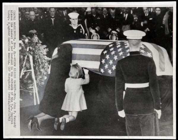 1963 John F. Kennedy Funeral Oversized Original 11" x 14" Chicago Sun-Times Photo With Jackie and Caroline Kneeling By the Casket