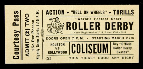 1960s-70s  Roller Derby Ticket - Houston vs. Hollywood