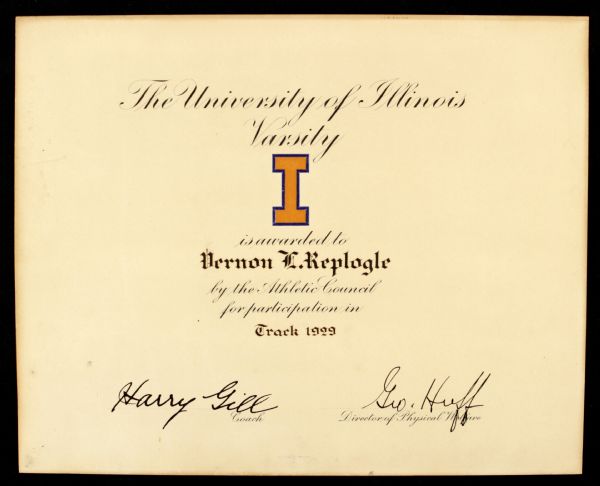 1929 University of Illinois Track Letter Certificate 