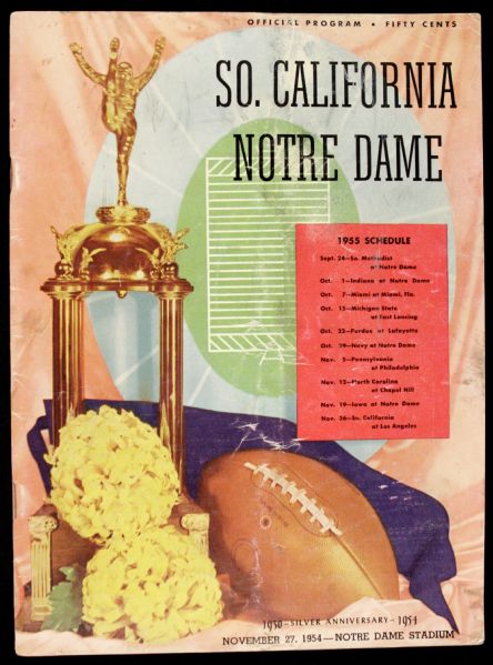 1954 Notre Dame vs. USC Game Program From Paul Hornung Green Bay Packers First Season On Team