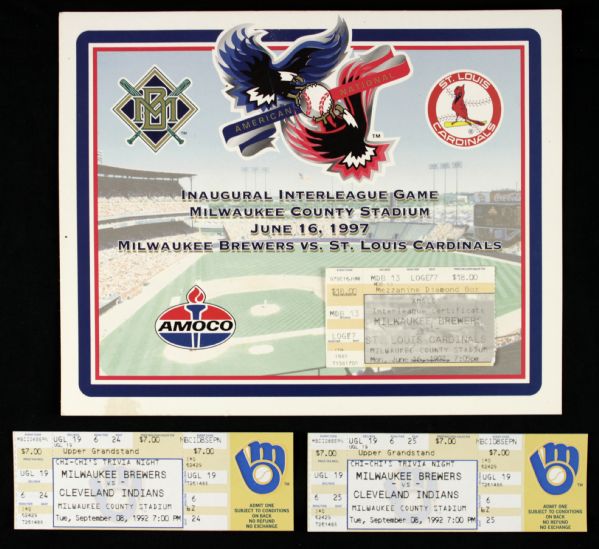 1992 Robin Yount Milwaukee Brewers 2999 Hit Full Ticket (2) w/Brewers vs. Cardinals Interleague Stub & Certificate