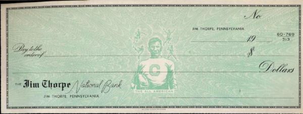 1950s Jim Thorpe National Bank Check w/Thorpe Figure 