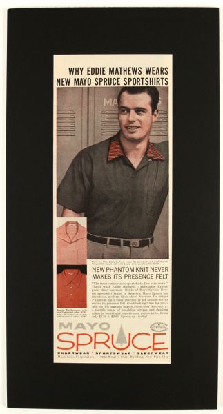 1960s circa Eddie Mathews Milwaukee Braves Atlanta Braves 9" x 17" Matted Clothing Ad