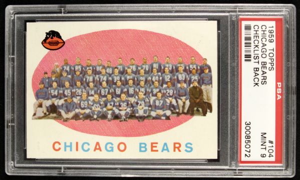 1959 Chicago Bears #104 Topps Team Checklist Card - PSA MINT 9 