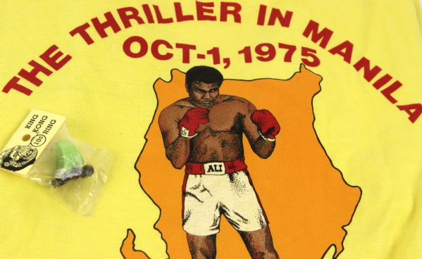 1962-75 circa Muhammad Ali Facsimile Signature "Thriller In Manila" Shirt w/ Plastic King Kong Ring