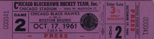1961 Chicago Blackhawks vs. Boston Bruins Full Ticket 