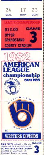 1982 Milwaukee Brewers ALCS Game 3 Ticket - First ALCS Home Game For Brewers