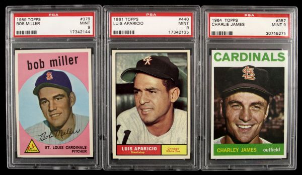 1959 Bob Miller PSA 9 Topps 1961 Luis Aparicio PSA 9 & 1964 Charlie James PSA 9 Card