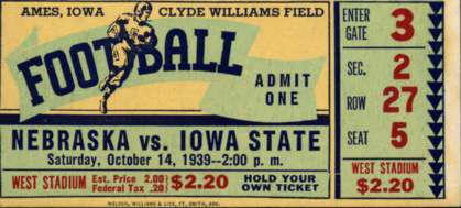 1939 Nebraska vs. Iowa State Ticket Stub 