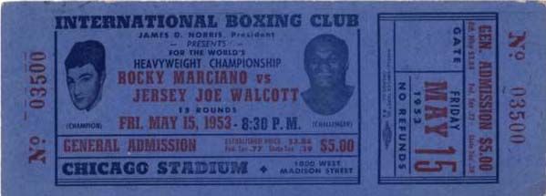 1953 Rocky Marciano vs. Jersey Joe Walcott Full Ticket - From Actual Fight