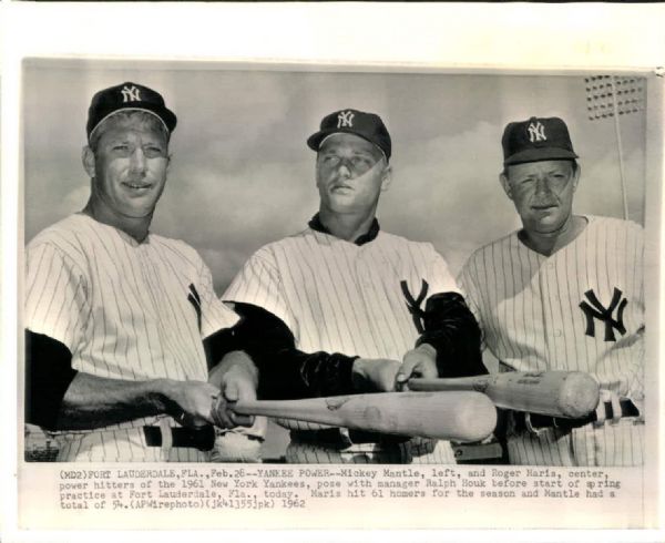 1962 Mickey Mantle Roger Maris Ralph Houk NY Yankees "TSN Collection Archives" Original 8" x 10" Photo (Sporting News Collection Hologram/MEARS LOA)
