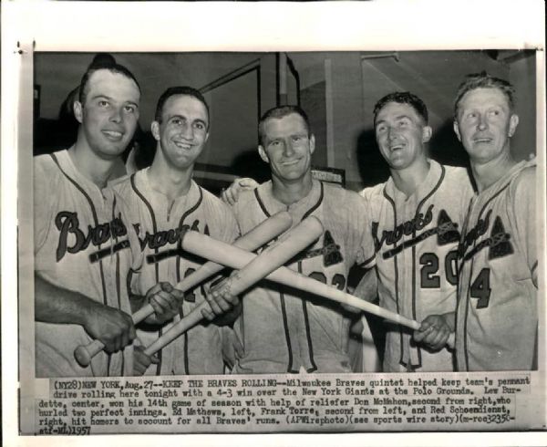 1957 Mathews Burdette Schoendienst Torre McMahon Milwaukee Braves "TSN Collection Archives" Original 8" x 10" Photo (Sporting News Collection Hologram/MEARS LOA)