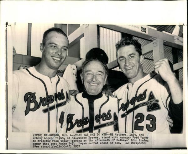 1957 Eddie Mathews Johnny Logan Fred Haney Milwaukee Braves "TSN Collection Archives" Original  Photos (Sporting News Collection Hologram/MEARS LOA) - Lot of 2