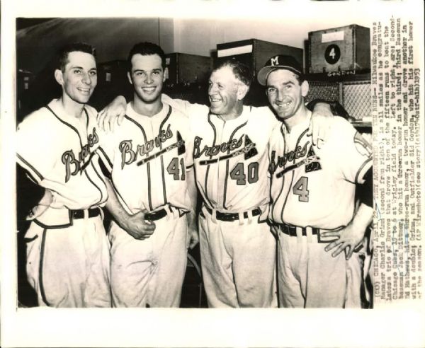 1953 Eddie Mathews Charlie Grimm Sid Gordon Jack Dittmer Milwaukee Braves "TSN Collection Archives" Original 8" x 10" Photo (Sporting News Collection Hologram/MEARS LOA)