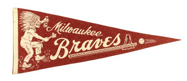 1957-60 Milwaukee Braves Full Size Pennant - Lot of 4 w/ 2 1958 Scroll Pennants & 1956 Phantom Scroll