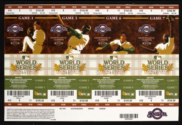 2011 Milwaukee Brewers Post Season Ticket Sheet & Phantom World Series Ticket - Sheet of 11