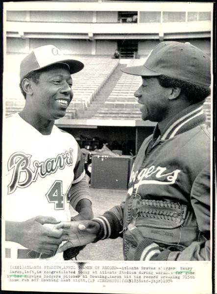 1974 Hank Aaron Atlanta Braves Gets Congrats From Al Downing  "Boston Herald Collection Archives" Original 7 1/2" x 10 1/2" Photo (BH Hologram/MEARS LOA)