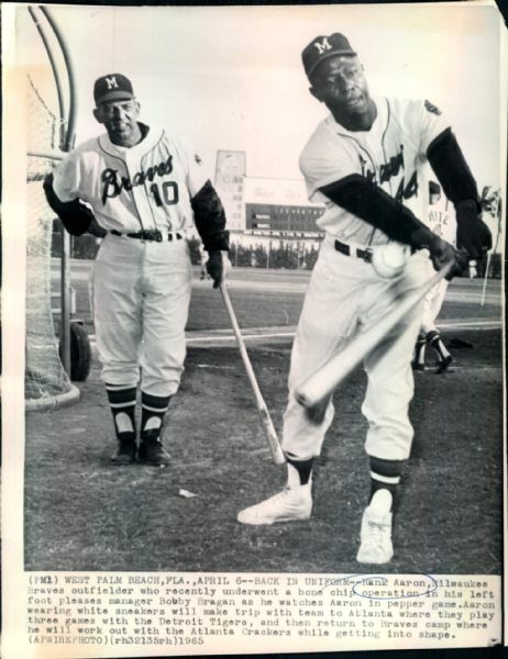 1965 Hank Aaron Bobby Bragan Milwaukee Braves "Boston Herald Collection Archives" Original 7" x 9.5" Photo (BH Hologram/MEARS LOA)