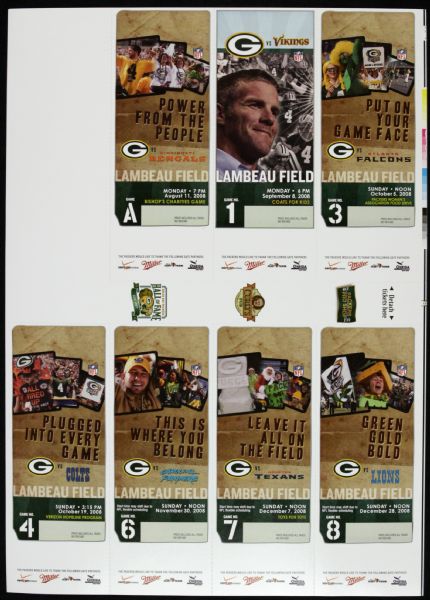 2008 Green Bay Packers 7 Game Full Ticket Sheet w/ Aaron Rodgers First Start vs. Vikings Ticket