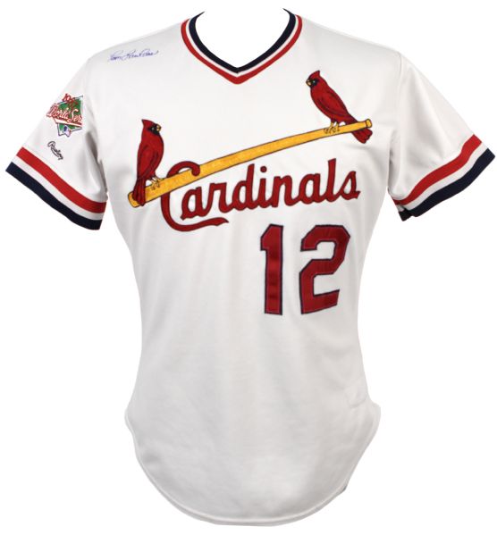 1987 Tom Lawless St. Louis Cardinals Game Worn Signed Cardinals World Series Jersey - MEARS A10 JSA & LOA Signed by Lawless