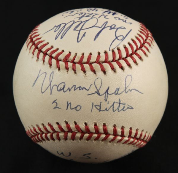1984-94 Warren Spahn Milwaukee Braves Don Larsen Yankees & Bob Feller Indians Multi Signed Ball With Lengthy Inscriptions - JSA