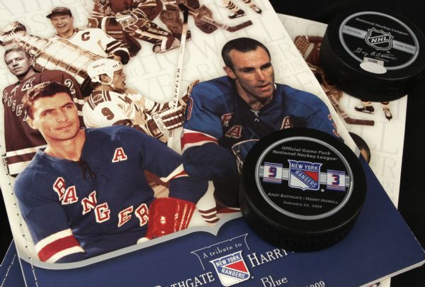 2009 Harry Howell & Andy Bathgate New York Rangers Signed Collection - (2) Framed Photos (2) Hockey Pucks Steiner Hologram - JSA
