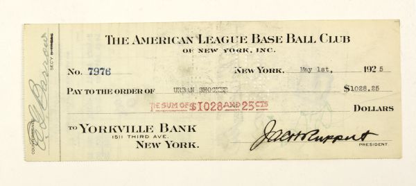 1925 Urban Shocker New York Yankees Signed Payroll Check The Toughest Autograph From 1927 Yankees Murderers Row Also Signed by HOFer Ed Barrow & Owner Jacob Ruppert - JSA 