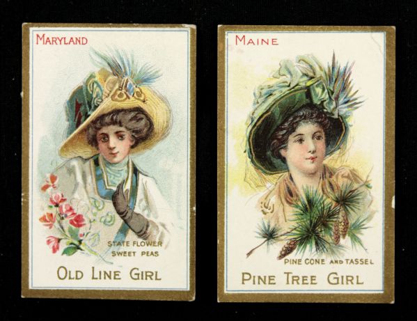 1910 T206 Old Line Girl Maryland & Maine Pine Tree Girl Card - Lot of 2 