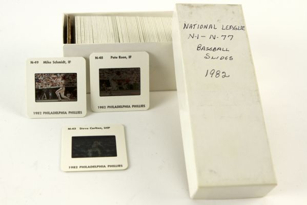 1982 Official National League 2" x 2" Full Color Player Slides - Lot of 77 With Original Paperwork