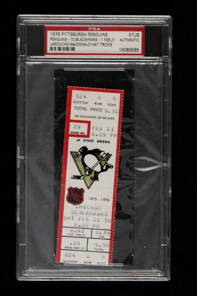 1976 Pittsburgh Penguins Trounce Chicago Blackhawks 10-1 at Civic Arena Slabbed Ticket (PSA)