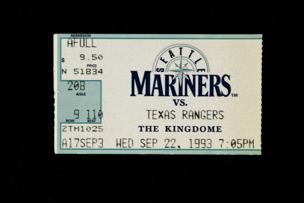 1993 Nolan Ryans Last Game Texas Rangers vs. Seattle Mariners Ticket Stub