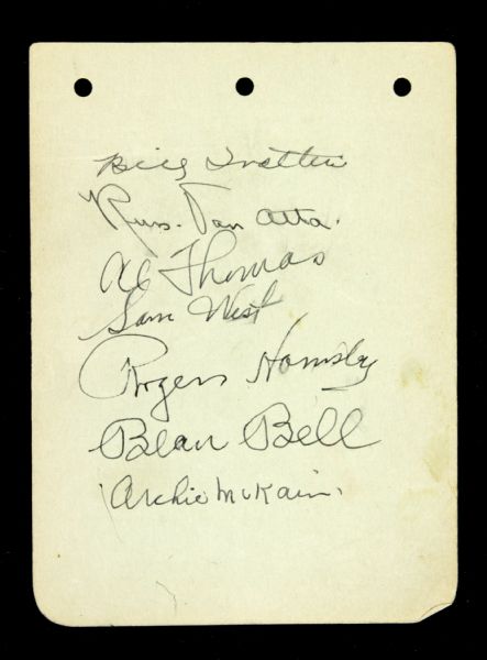 1936-43 St. Louis Browns Signed Sheet w/ 7 Signatures Including Rogers Hornsby, Sam West, Russ Van Atta and More (JSA)