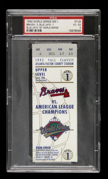 1992 Atlanta Braves vs. Toronto Blue Jays World Series Game 1 Slabbed Ticket (PSA)
