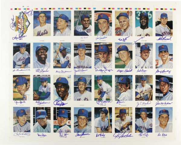 1969 New York Miracle Mets 25th Anniversary Signed Uncut Ron Lewis 24" x 28" Postcard Sheet w/ Berra, Seaver, Ryan & More (JSA)