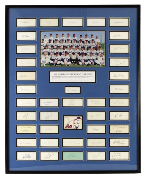1969 New York Mets World Series Champions 33" x 41" Signed Index Card and Photo Display w/ 40 Signatures Including Ryan, Seaver, Hodges, Berra (JSA)