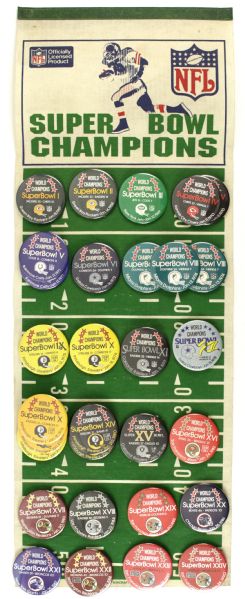 1967-90 Super Bowl Champion 3 1/2" Pinback Button Collection & Wall Display - Lot of 30