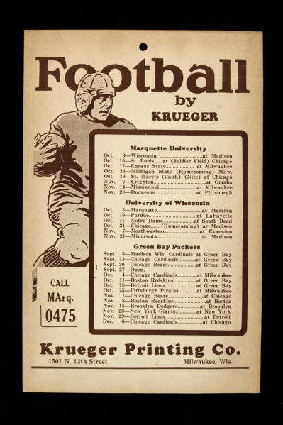 1936 Green Bay Packers University of Wisconsin Marquette University 5.5" x 8" Football Schedule