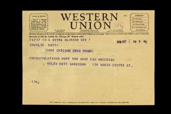 1938 Congratulatory Western Union Telegram Sent to Chicago Cubs Pitcher Charlie Root 
