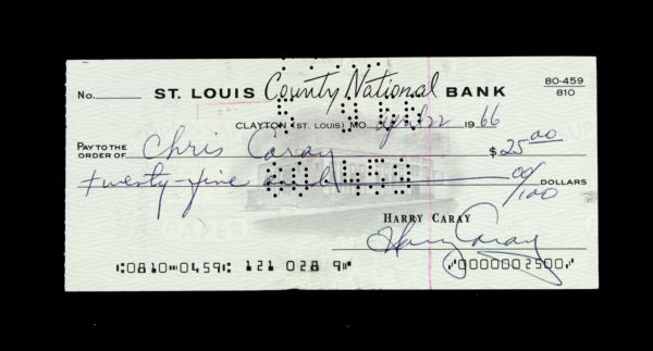 1966 Harry Caray St. Louis Cardinals/Chicago Cubs Broadcaster Signed Check (JSA)