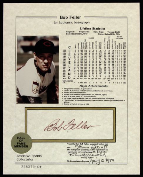 1985 Bob Feller Cleveland Indians Signed Fact Sheet (Authentic Autograph LOA)