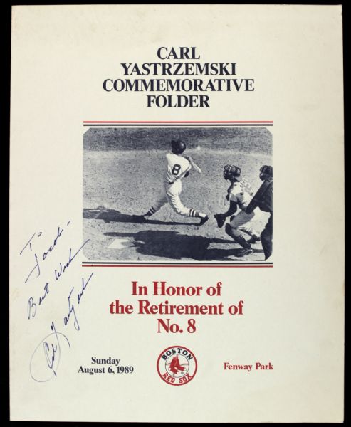 1989 Carl Yastrzemski Boston Red Sox Signed 12" x 15" Commemorative Folder from Number Retirement Ceremony (JSA)