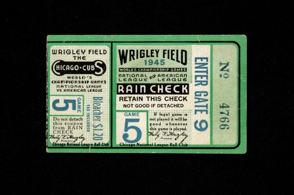 1945 Chicago Cubs Detroit Tigers Wrigley Field World Series Game 5 Ticket Stub