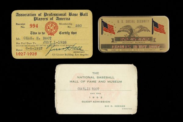 1928-52 Charlie Root Chicago Cubs Memorabilia Collection - Lot of 3 w/ Players Union Card, Hall of Fame Pass & Social Security Placard