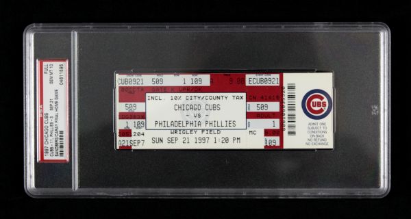 1997 Chicago Cubs Slabbed Ticket From Last Home Game for Ryne Sandberg & Harry Caray (PSA GEM MT 10)
